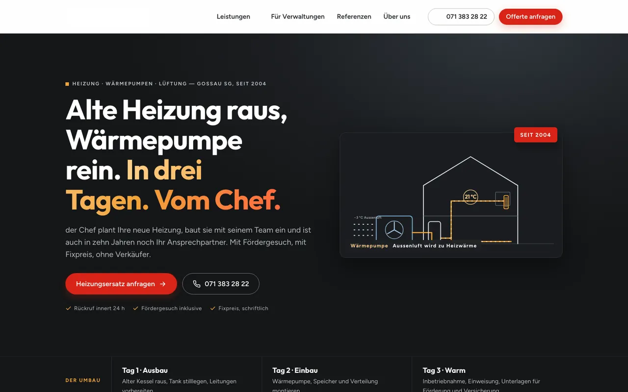 Website für einen Heizungsbetrieb am Desktop